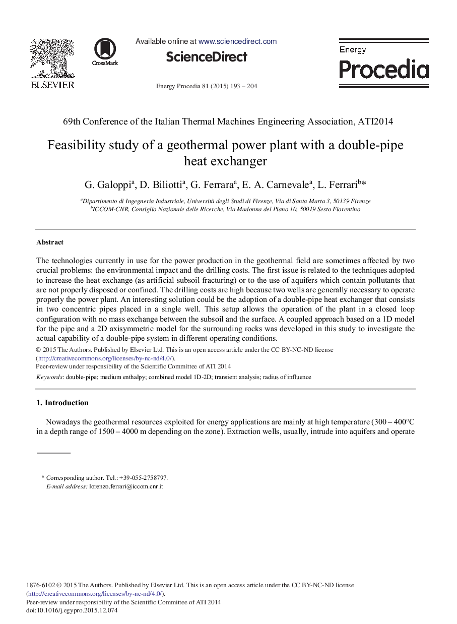 Feasibility Study of a Geothermal Power Plant with a Double-pipe Heat Exchanger 