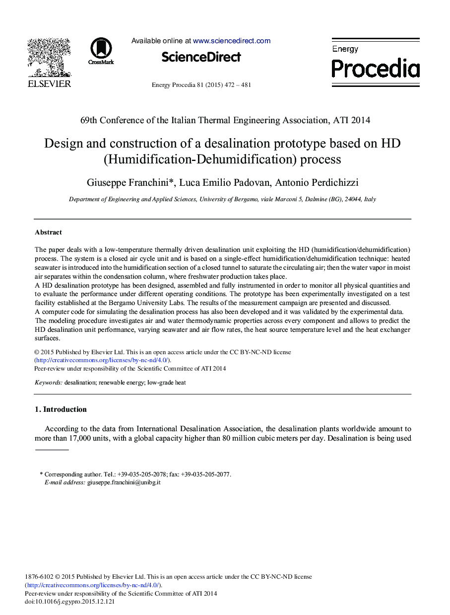 Design and Construction of a Desalination Prototype Based on HD (Humidification-Dehumidification) Process