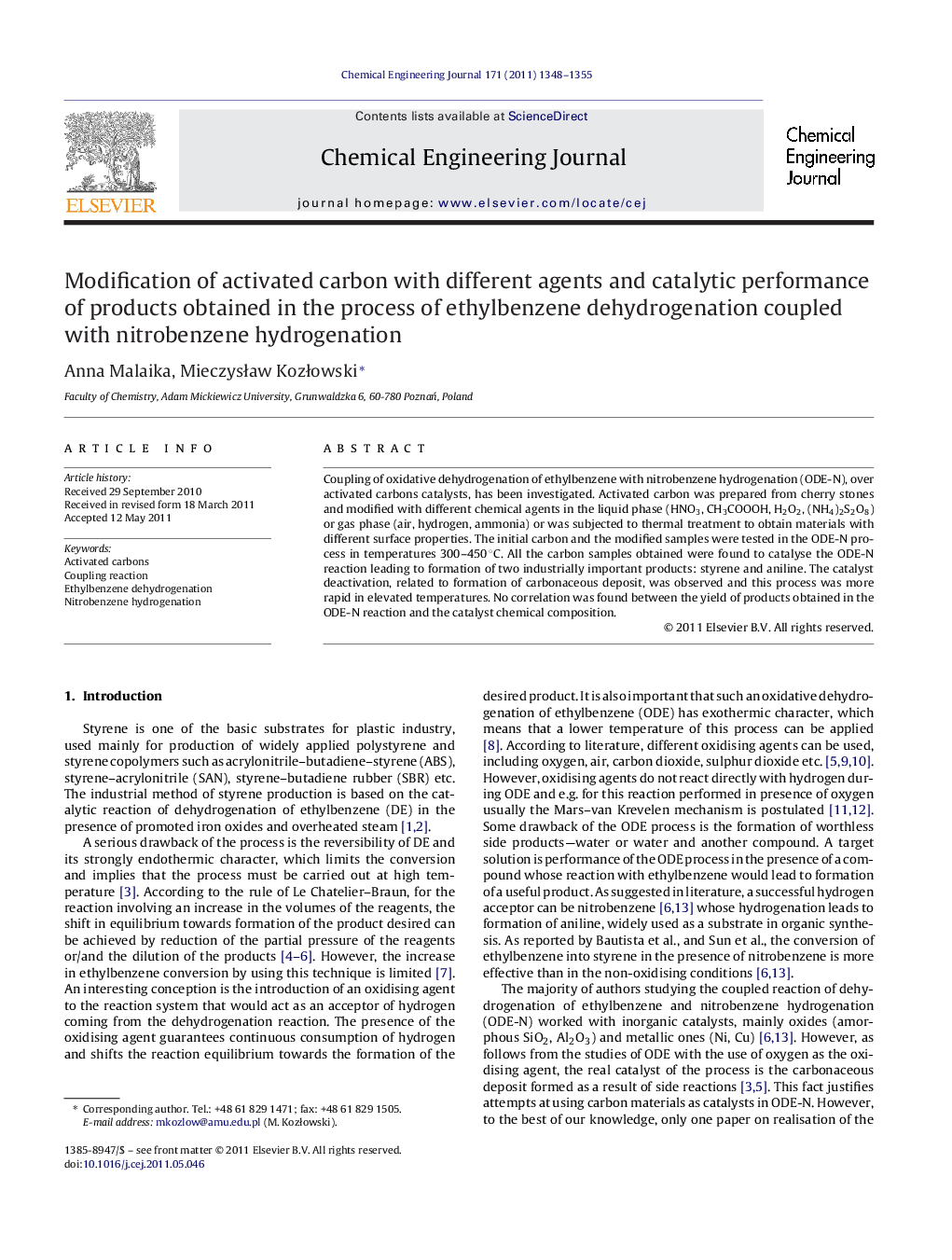 Modification of activated carbon with different agents and catalytic performance of products obtained in the process of ethylbenzene dehydrogenation coupled with nitrobenzene hydrogenation