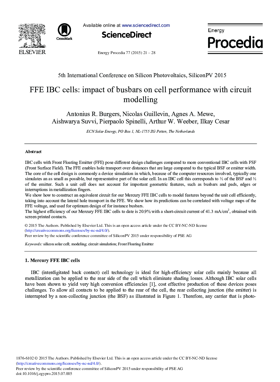 FFE IBC cells: Impact of Busbars on Cell Performance with Circuit Modelling