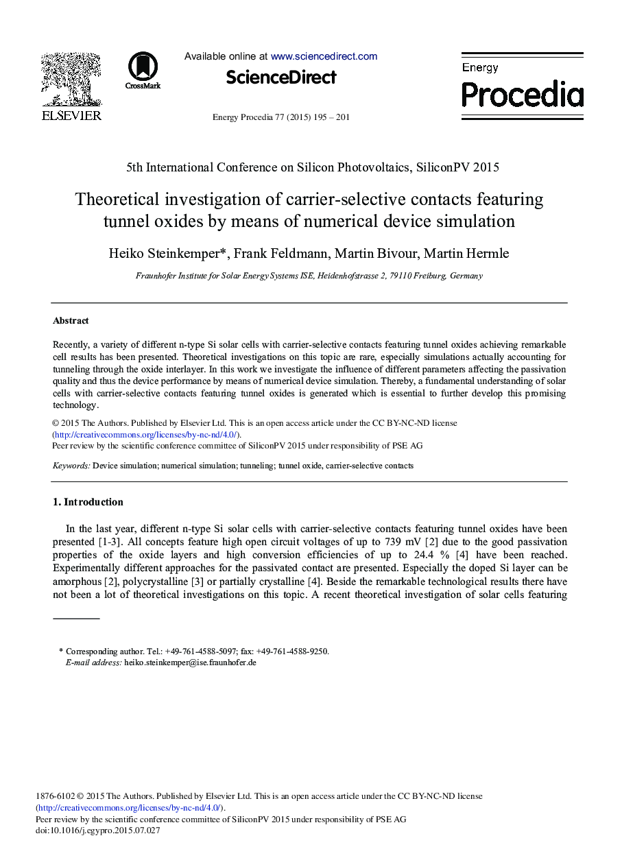 Theoretical Investigation of Carrier-selective Contacts Featuring Tunnel Oxides by Means of Numerical Device Simulation 