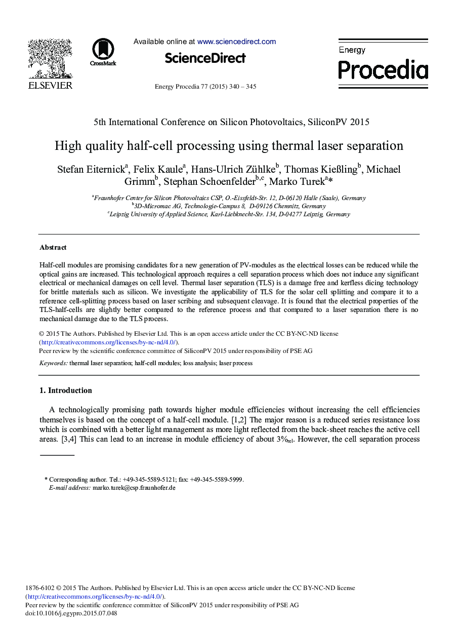 High Quality Half-cell Processing Using Thermal Laser Separation 
