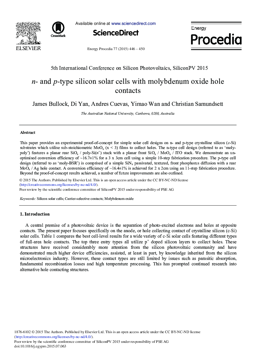 n- and p-typesilicon Solar Cells with Molybdenum Oxide Hole Contacts 