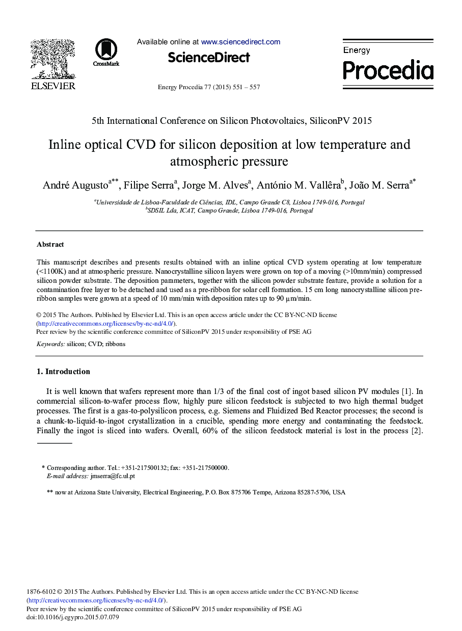 Inline Optical CVD for Silicon Deposition at Low Temperature and Atmospheric Pressure 