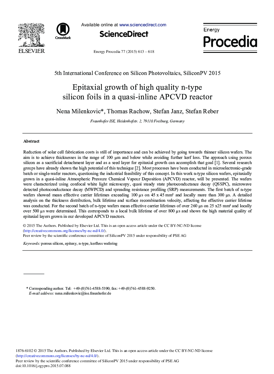 Epitaxial Growth of High Quality n-type Silicon Foils in a Quasi-inline APCVD Reactor 