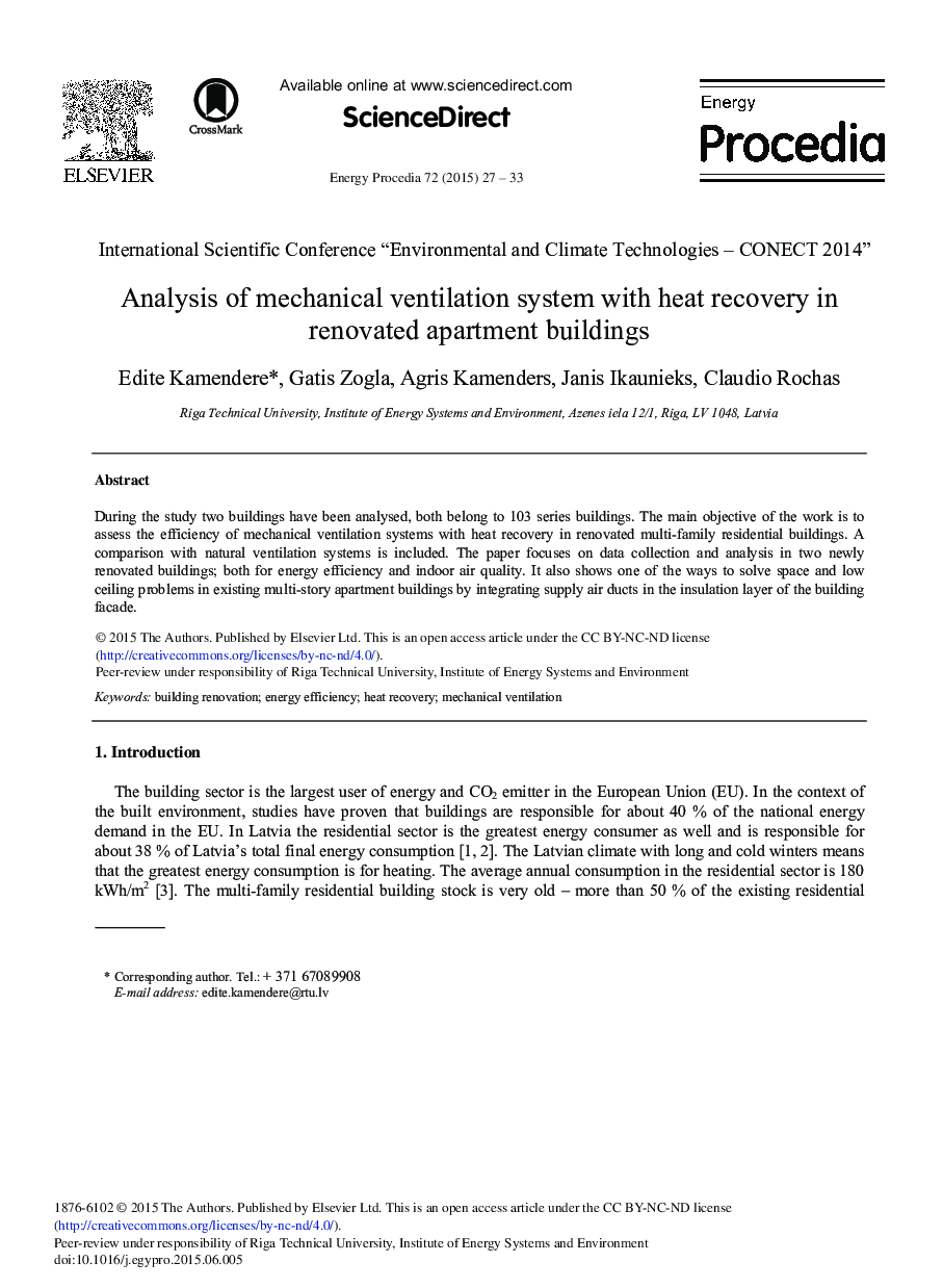 Analysis of Mechanical Ventilation System with Heat Recovery in Renovated Apartment Buildings 