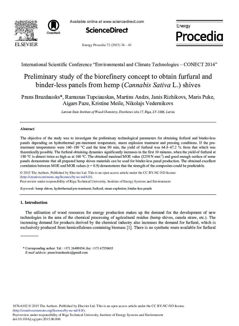 Preliminary Study of the Biorefinery Concept to Obtain Furfural and Binder-less Panels from Hemp (Cannabis Sativa L.) Shives 
