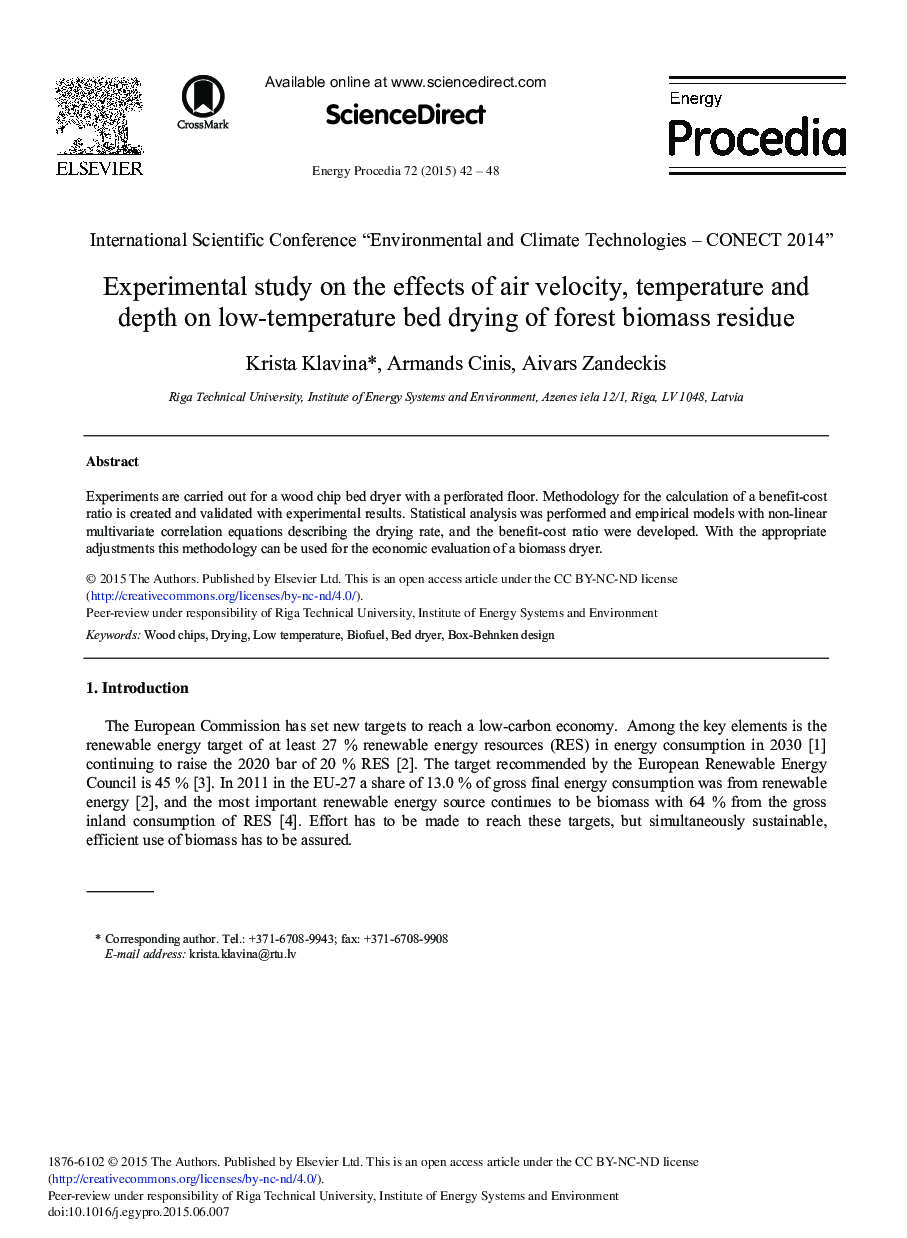 Experimental Study on the Effects of Air Velocity, Temperature and Depth on Low-temperature Bed Drying of Forest Biomass Residue 
