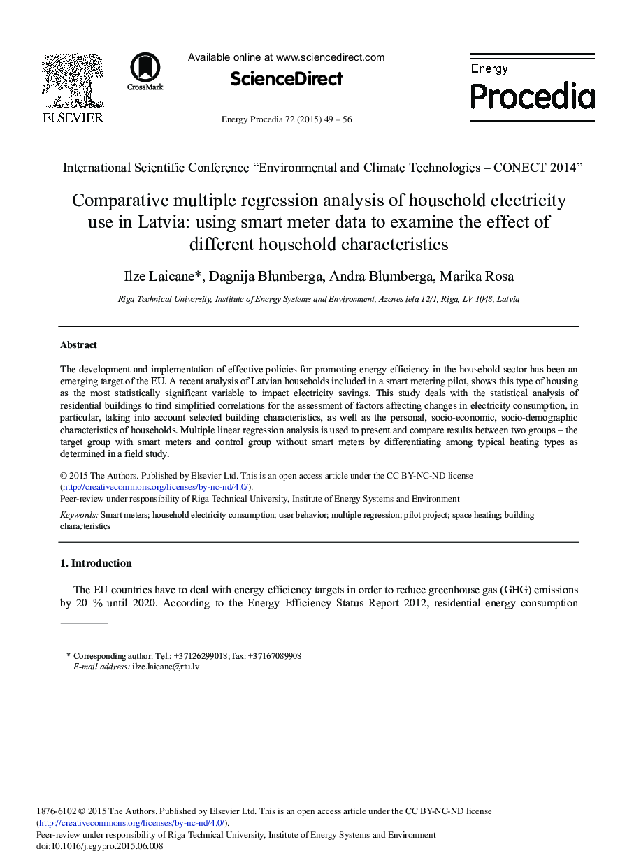 Comparative Multiple Regression Analysis of Household Electricity use in Latvia: Using Smart Meter Data to Examine the Effect of Different Household Characteristics 