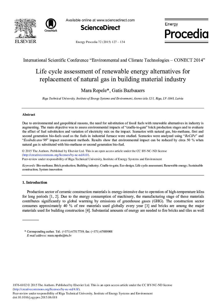 Life Cycle Assessment of Renewable Energy Alternatives for Replacement of Natural Gas in Building Material Industry 