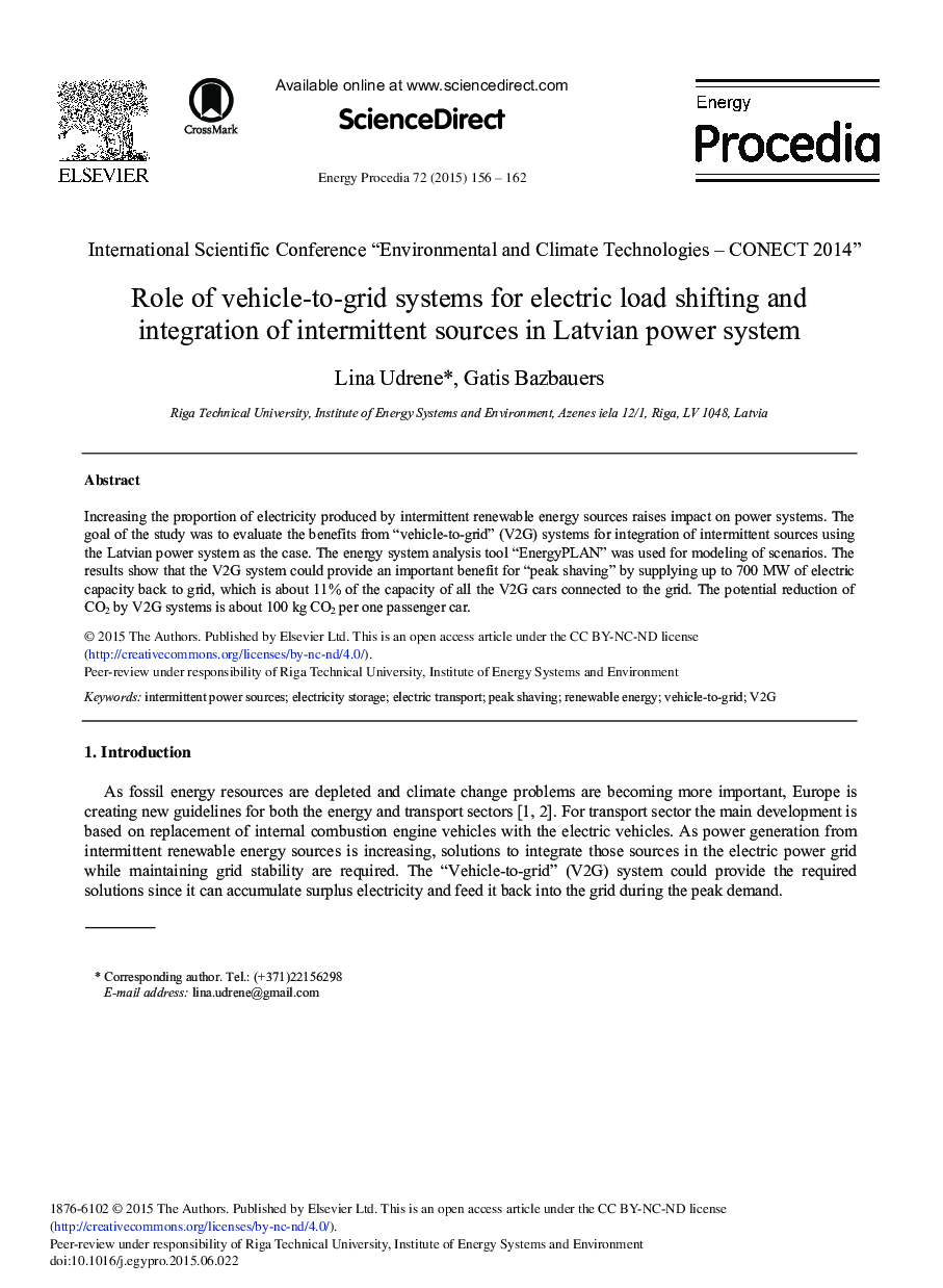 Role of Vehicle-to-grid Systems for Electric Load Shifting and Integration of Intermittent Sources in Latvian Power System 