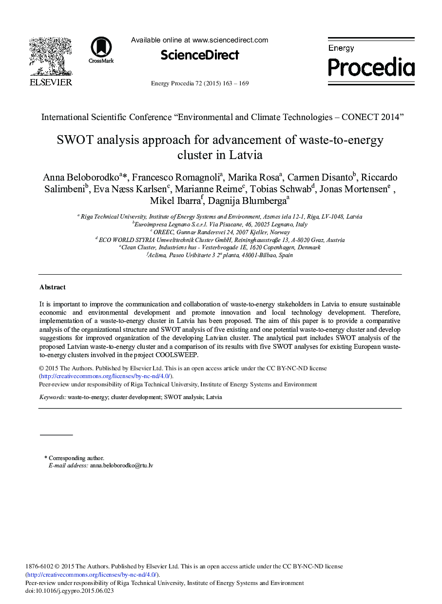 SWOT Analysis Approach for Advancement of Waste-to-energy Cluster in Latvia 