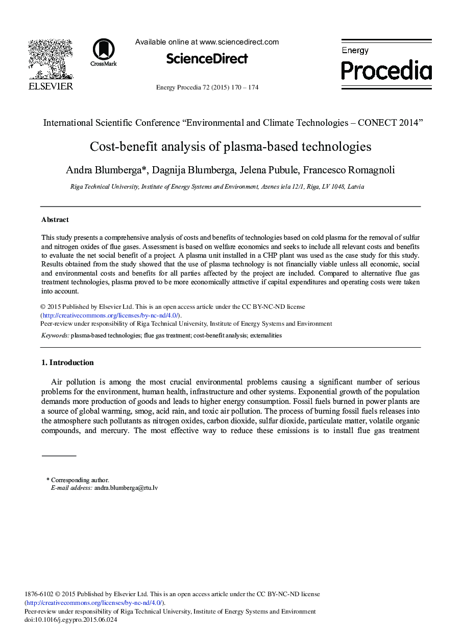 Cost-Benefit Analysis of Plasma-based Technologies 
