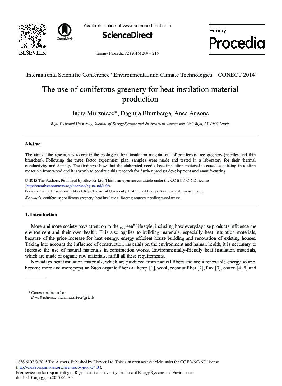 The Use of Coniferous Greenery for Heat Insulation Material Production 