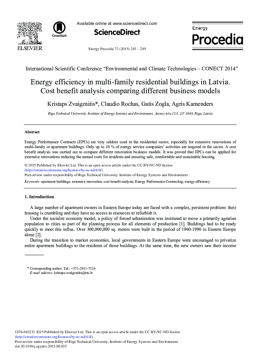 Energy Efficiency in Multi-Family Residential Buildings in Latvia. Cost Benefit Analysis Comparing Different Business Models 