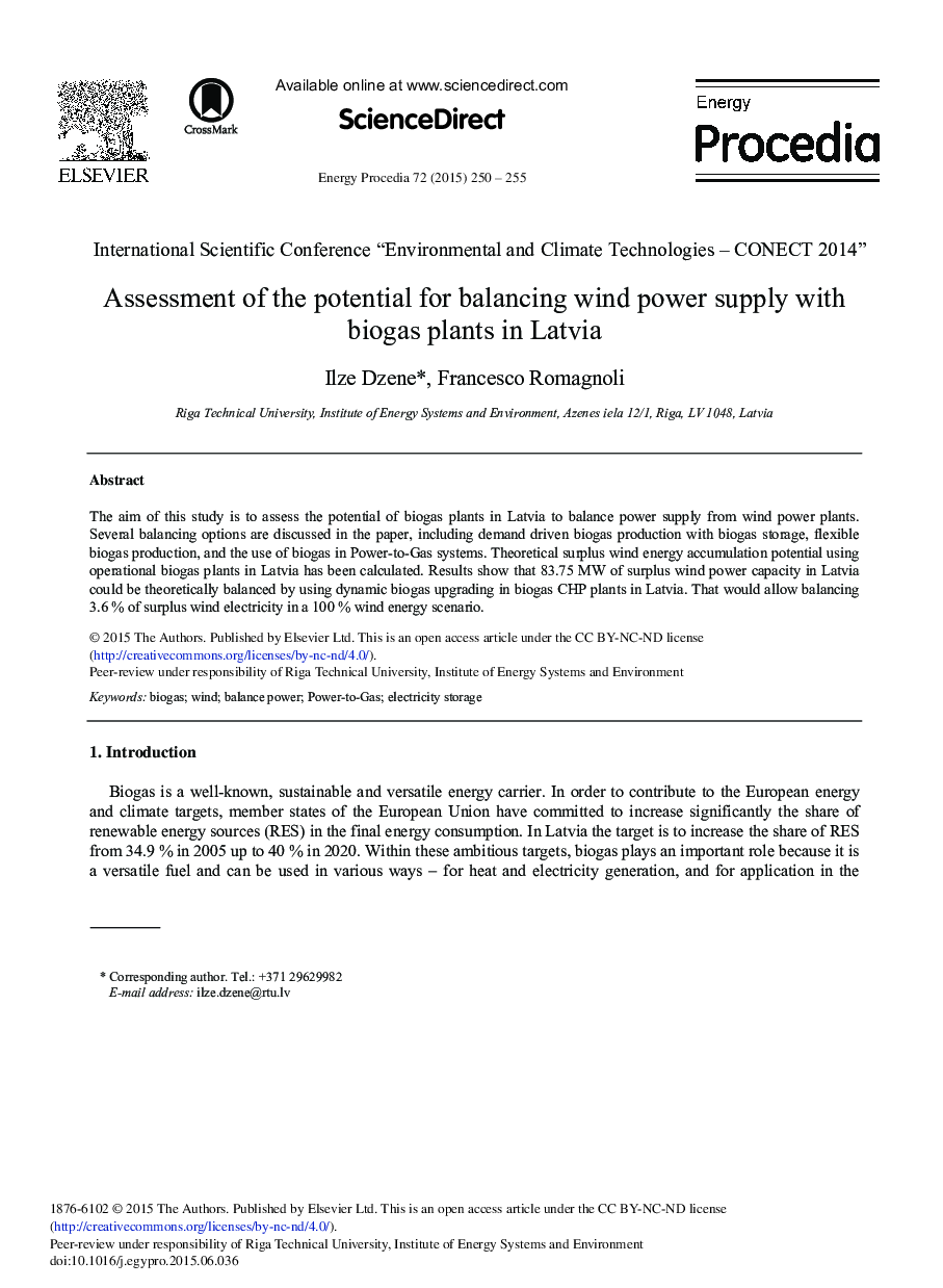 Assessment of the Potential for Balancing Wind Power Supply with Biogas Plants in Latvia 