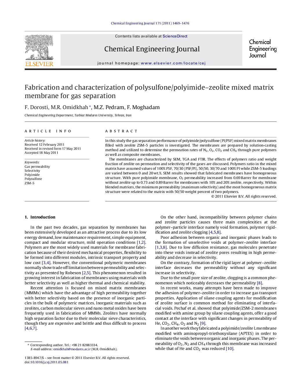 Fabrication and characterization of polysulfone/polyimide–zeolite mixed matrix membrane for gas separation