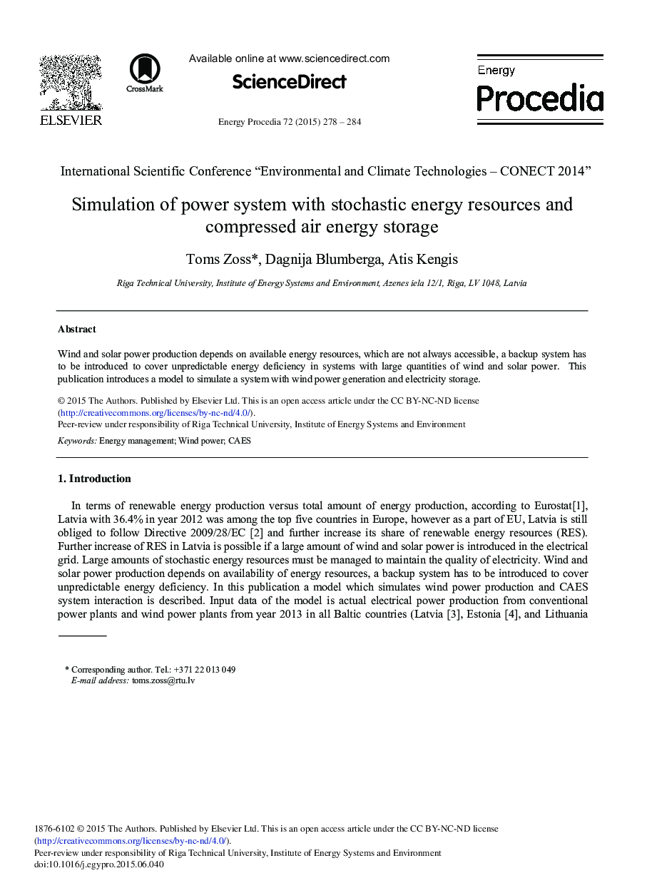 Simulation of Power System with Stochastic Energy Resources and Compressed Air Energy Storage 
