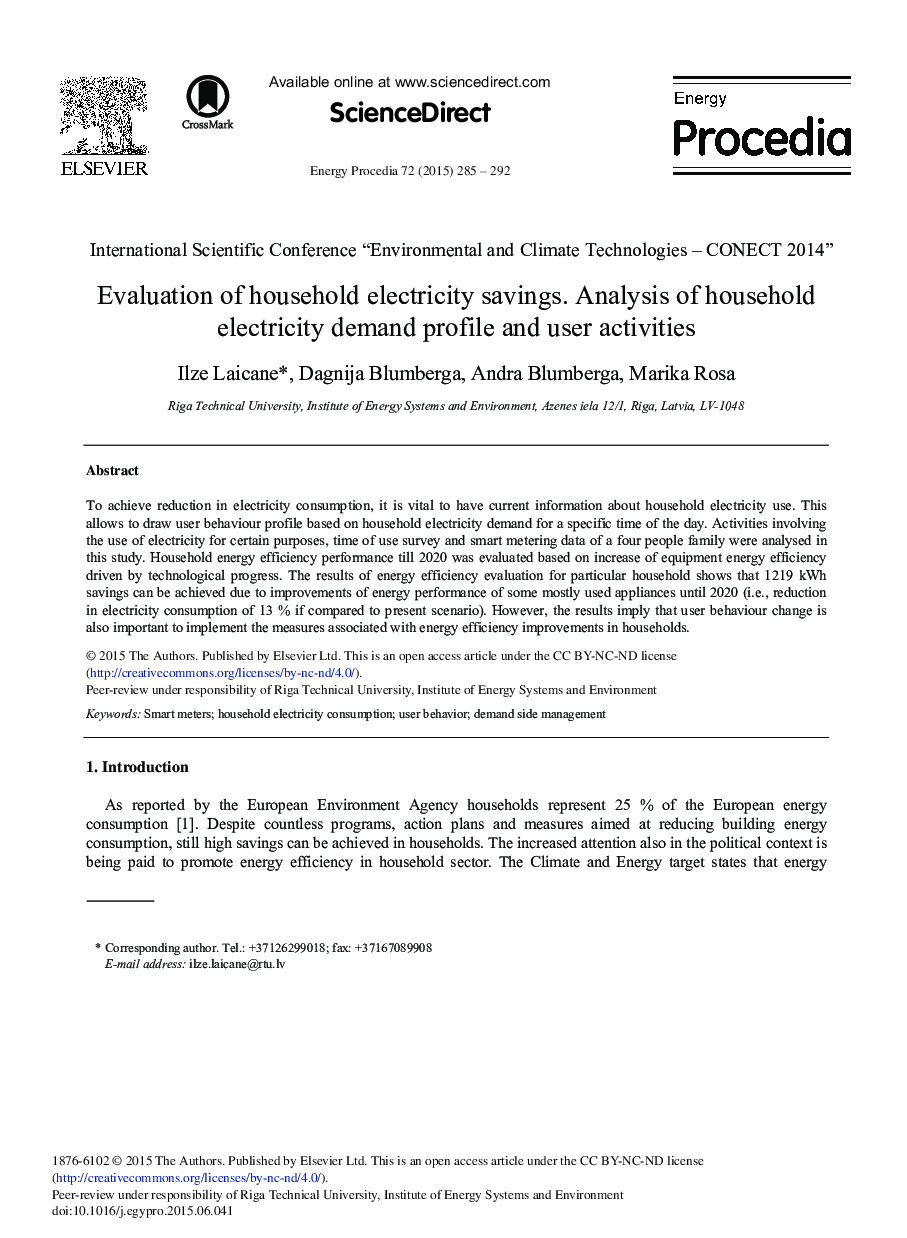 Evaluation of Household Electricity Savings. Analysis of Household Electricity Demand Profile and User Activities 