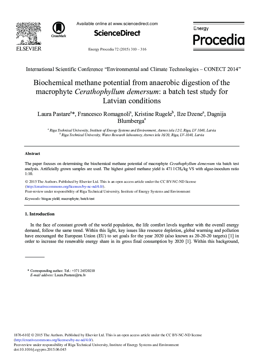 Biochemical Methane Potential from Anaerobic Digestion of the Macrophyte Cerathophyllum Demersum: A Batch Test study for Latvian Conditions 