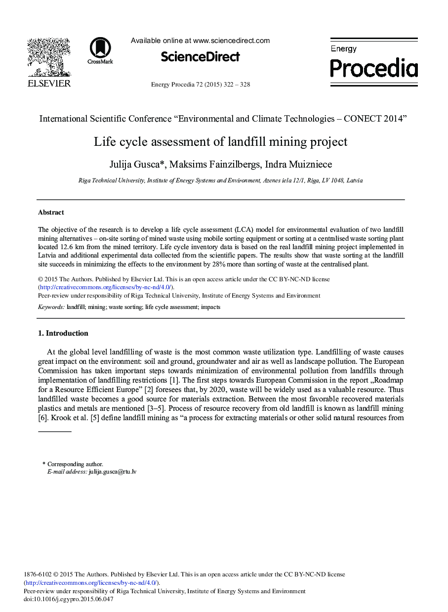 Life Cycle Assessment of Landfill Mining Project 