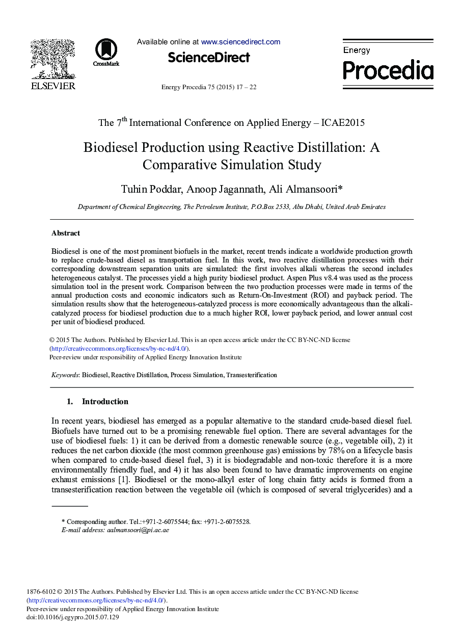 Biodiesel Production using Reactive Distillation: A Comparative Simulation Study 