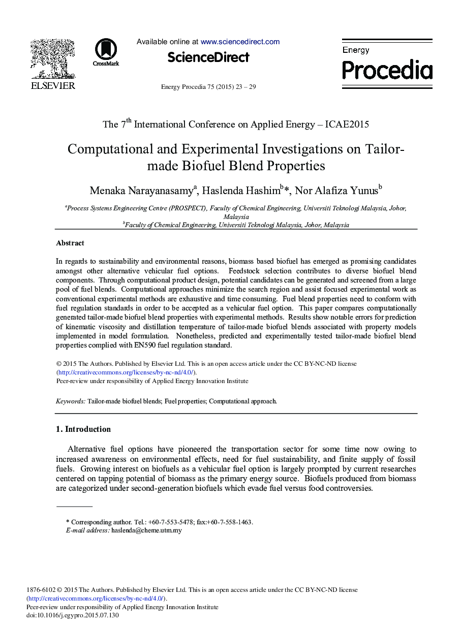 Computational and Experimental Investigations on Tailor-made Biofuel Blend Properties 