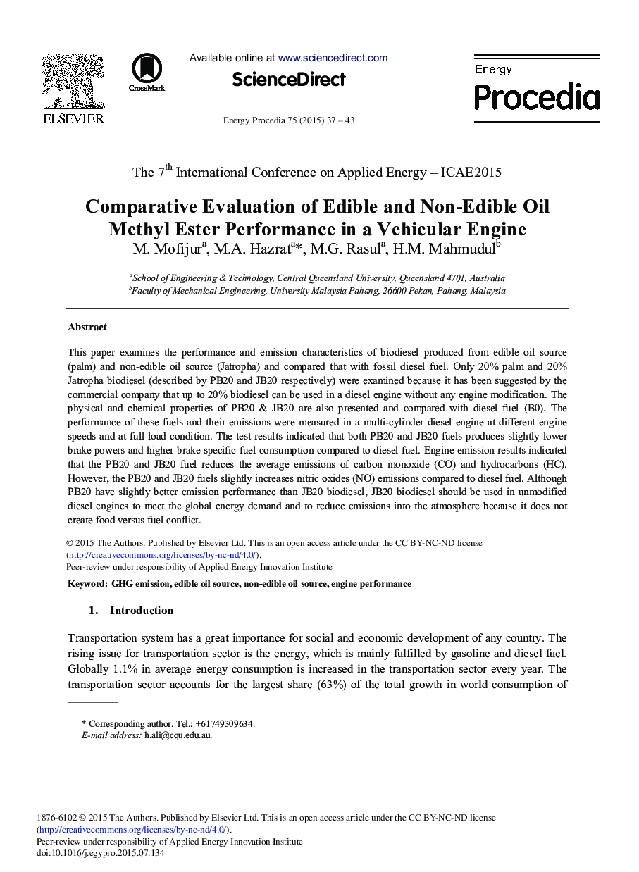 Comparative Evaluation of Edible and Non-edible Oil Methyl Ester Performance in a Vehicular Engine 