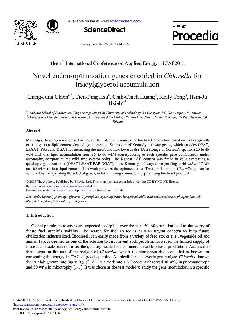 Novel Codon-optimization Genes Encoded in Chlorella for Triacylglycerol Accumulation 
