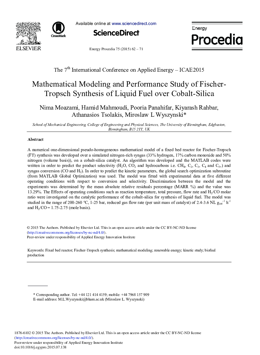 Mathematical Modeling and Performance Study of Fischer-tropsch Synthesis of Liquid Fuel over Cobalt-silica 