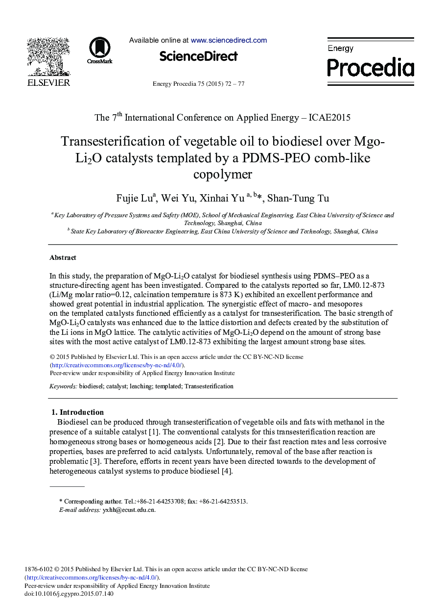 Transesterification of Vegetable oil to Biodiesel Over Mgo-Li2O Catalysts Templated by a PDMS-PEO Comb-like Copolymer 