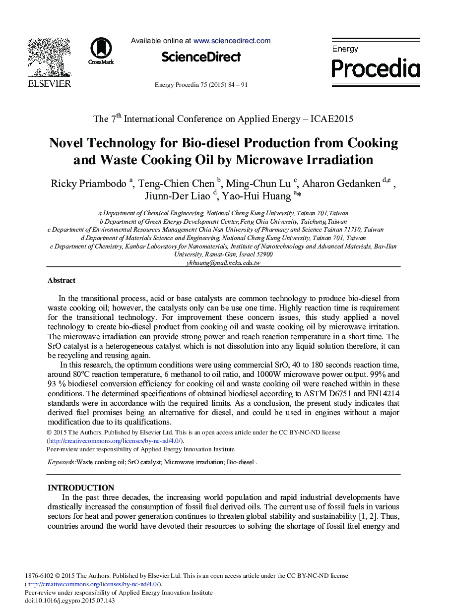 Novel Technology for Bio-diesel Production from Cooking and Waste Cooking Oil by Microwave Irradiation 