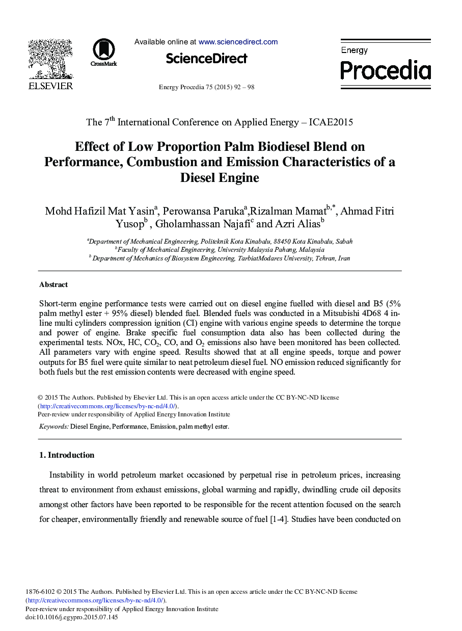 Effect of Low Proportion Palm Biodiesel Blend on Performance, Combustion and Emission Characteristics of a Diesel Engine 
