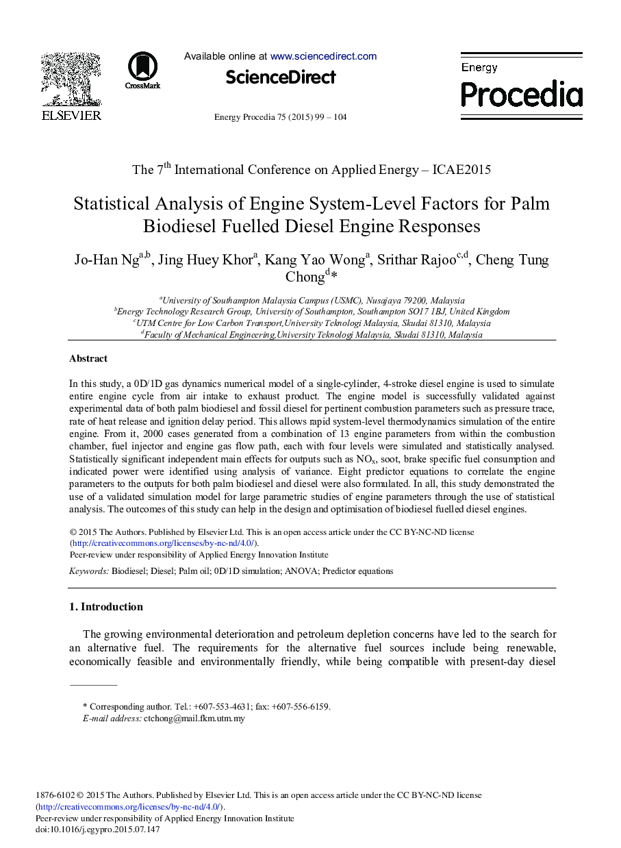 Statistical Analysis of Engine System-level Factors for Palm Biodiesel Fuelled Diesel Engine Responses 