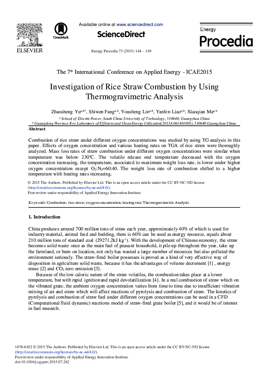 Investigation of Rice Straw Combustion by Using Thermogravimetric Analysis 