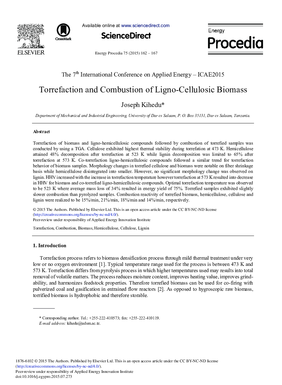 Torrefaction and Combustion of Ligno-Cellulosic Biomass 