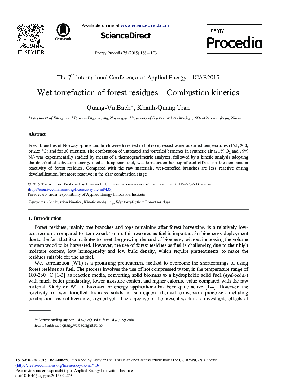 Wet Torrefaction of forest Residues – Combustion Kinetics 