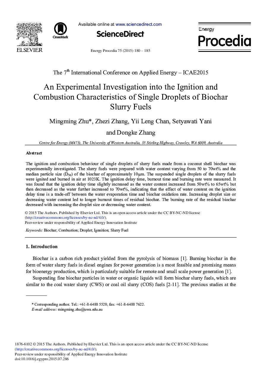 An Experimental Investigation into the Ignition and Combustion Characteristics of Single Droplets of Biochar Slurry Fuels 