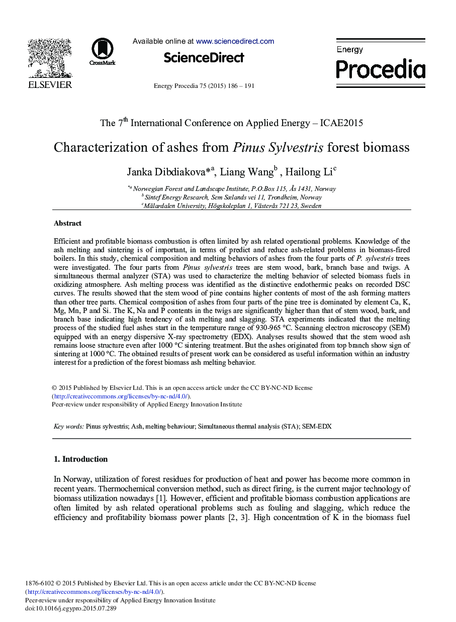 Characterization of Ashes from Pinus Sylvestris forest Biomass 