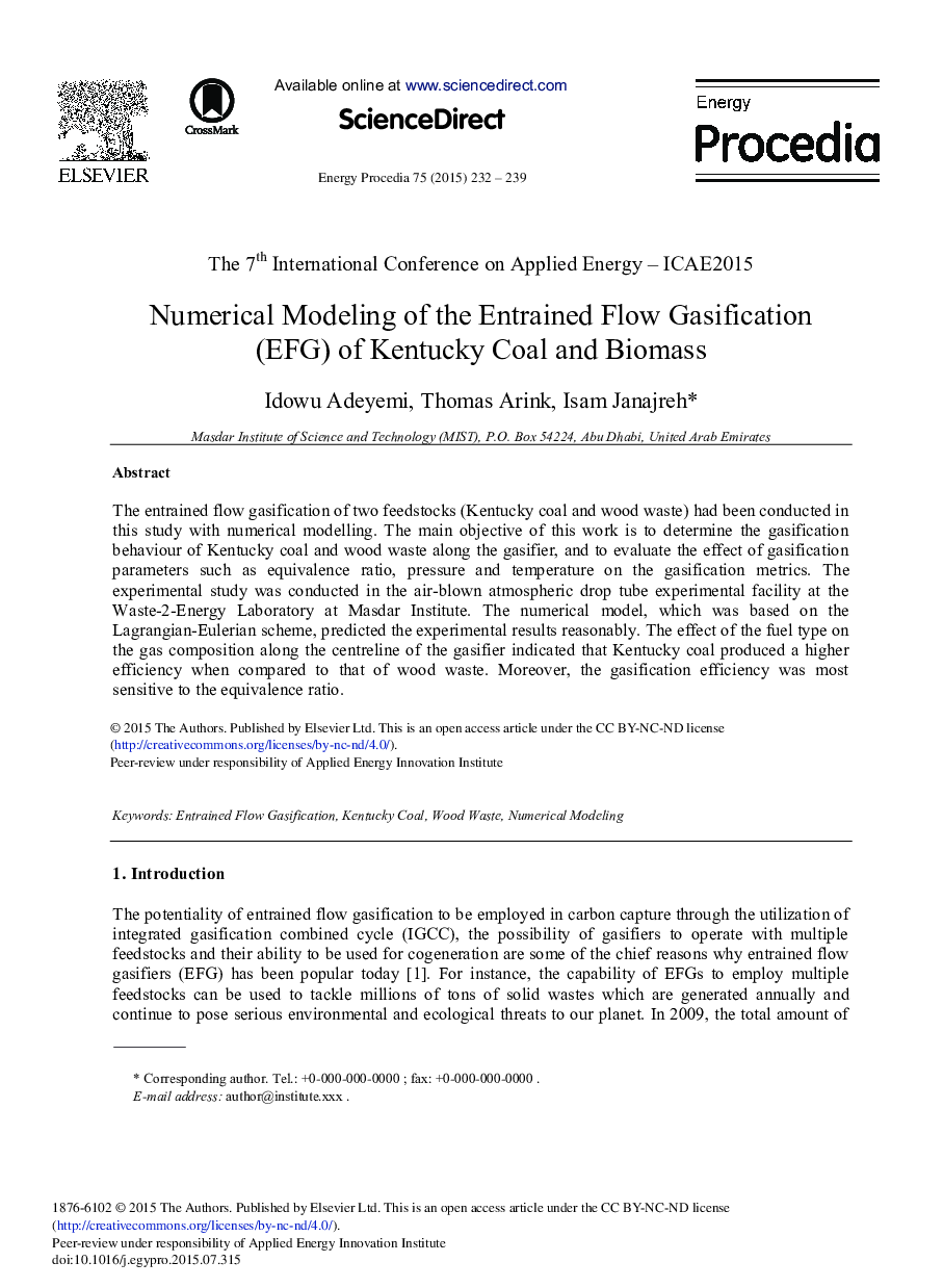 Numerical Modeling of the Entrained Flow Gasification (EFG) of Kentucky Coal and Biomass 