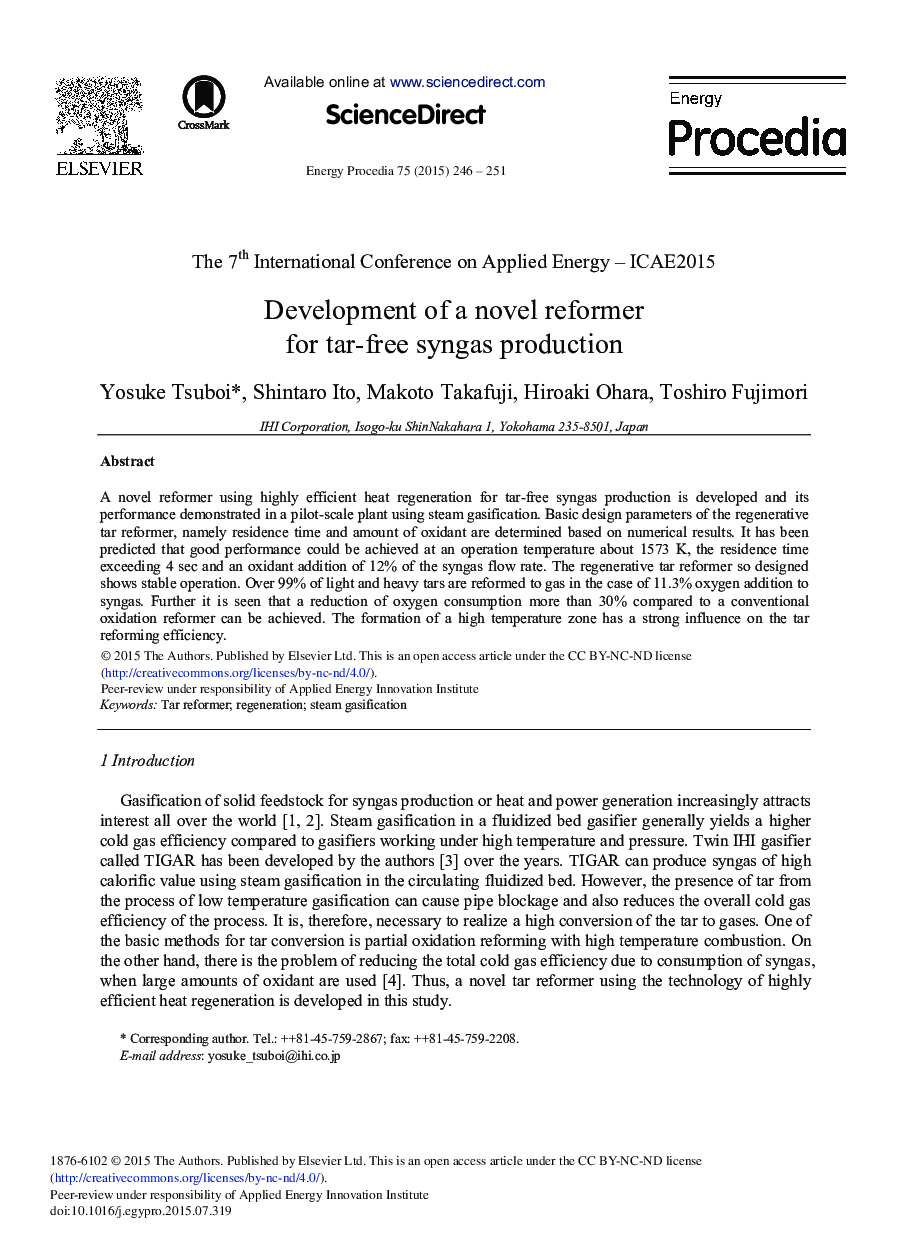 Development of a Novel Reformer for Tar-free Syngas Production 
