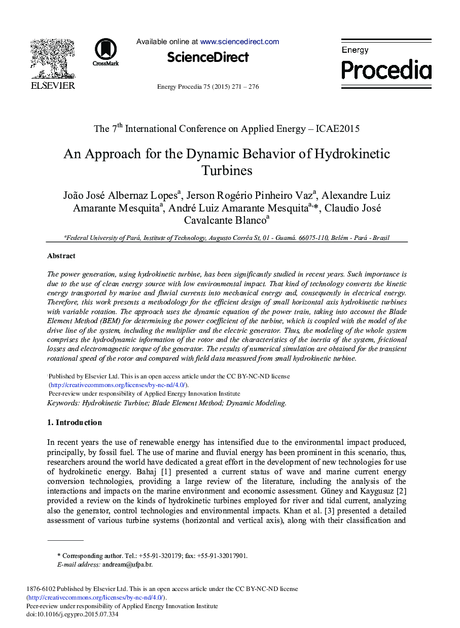 An Approach for the Dynamic Behavior of Hydrokinetic Turbines 