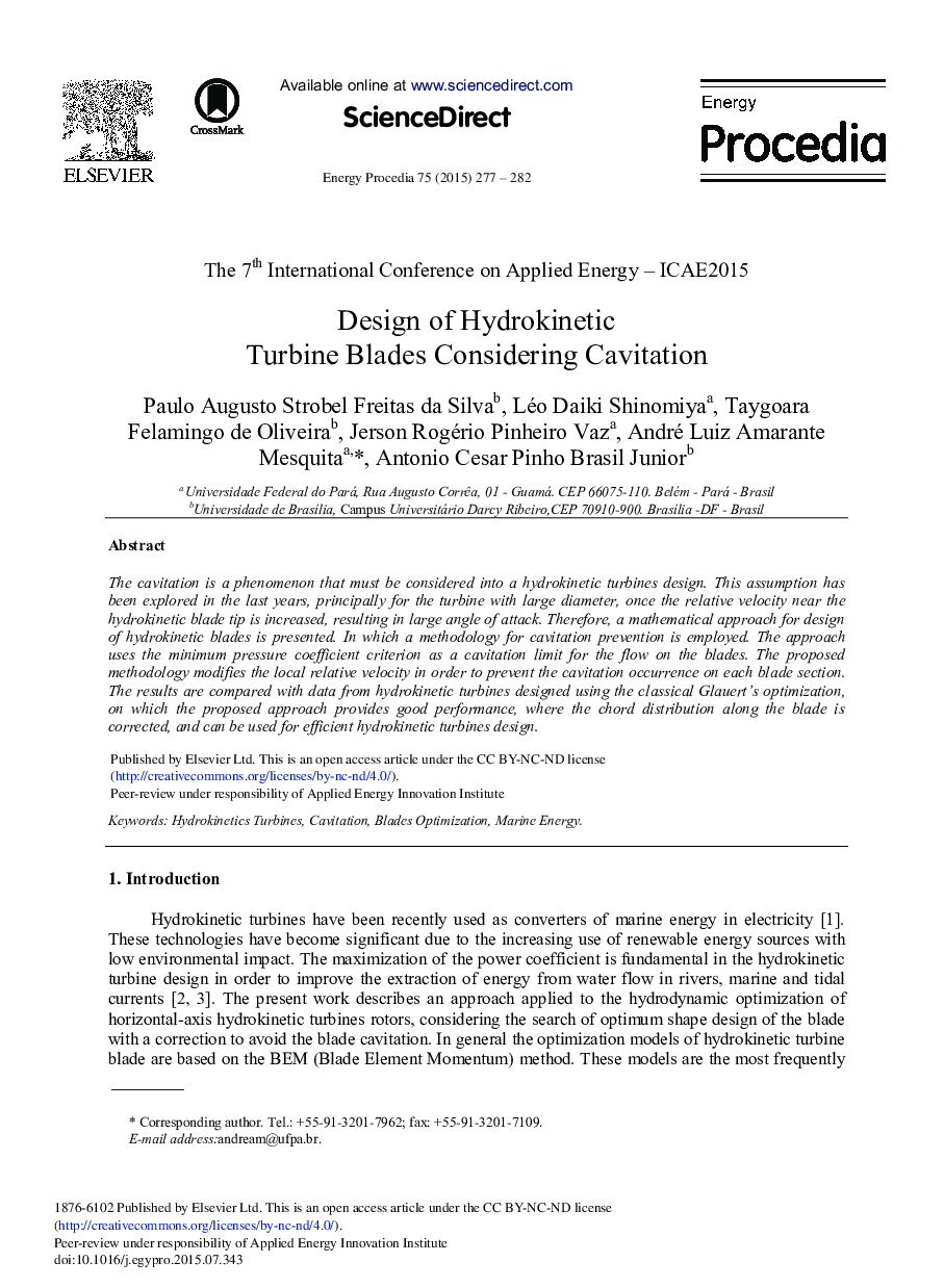 Design of Hydrokinetic Turbine Blades Considering Cavitation 