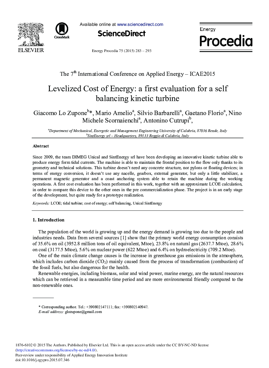 Levelized Cost of Energy: A First Evaluation for a Self Balancing Kinetic Turbine 