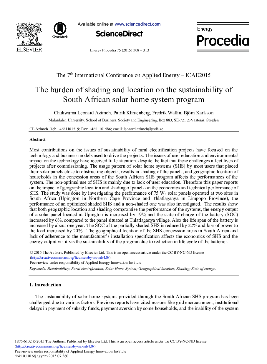 The Burden of Shading and Location on the Sustainability of South African Solar Home System Program 