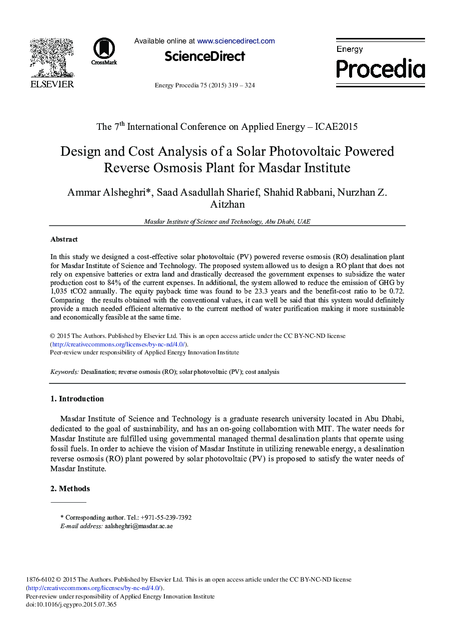 Design and Cost Analysis of a Solar Photovoltaic Powered Reverse Osmosis Plant for Masdar Institute 