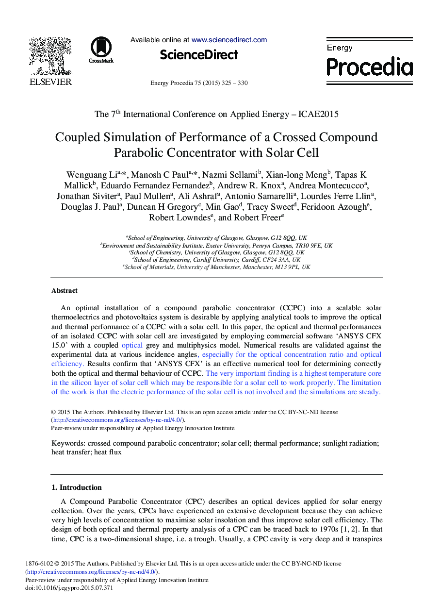 Coupled Simulation of Performance of a Crossed Compound Parabolic Concentrator with Solar Cell 