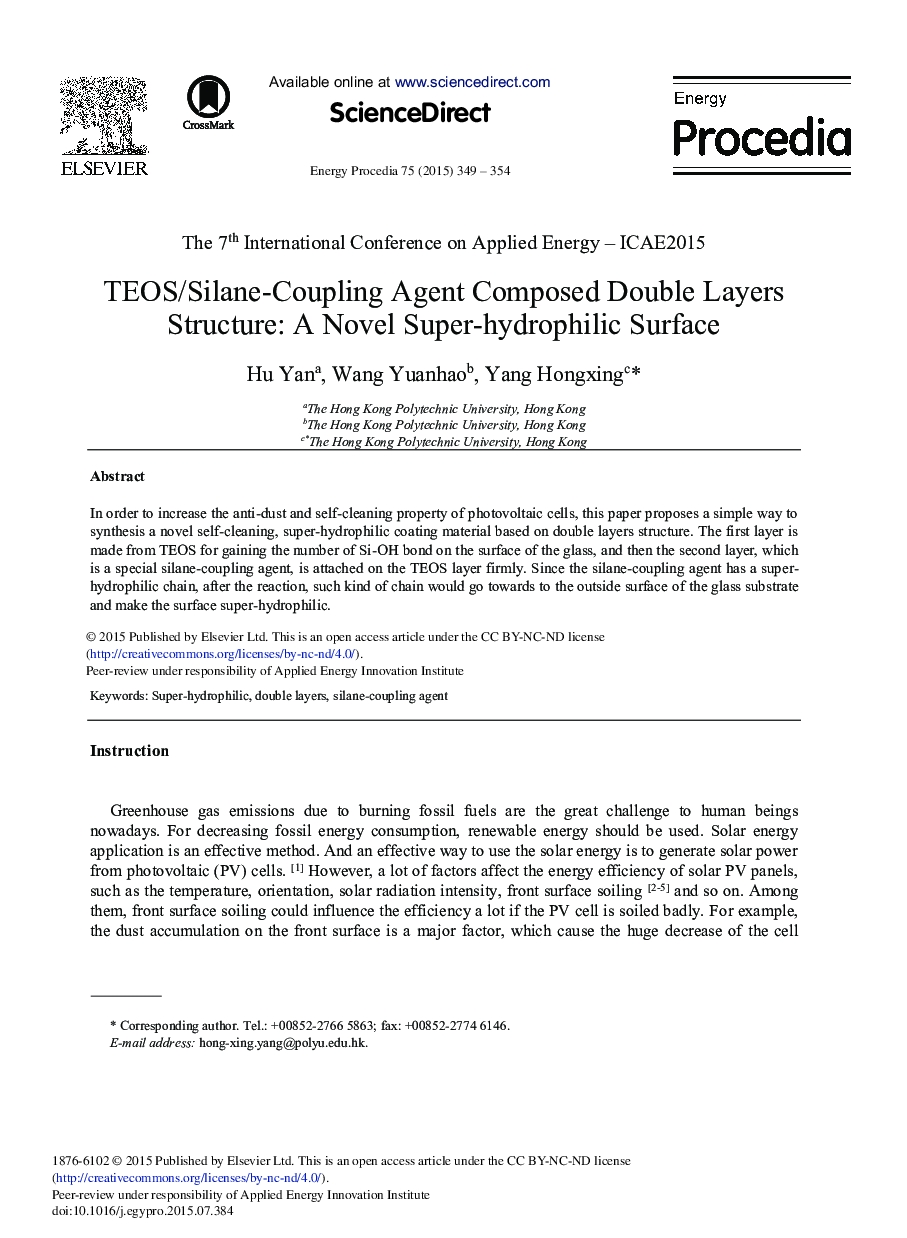 TEOS/Silane-Coupling Agent Composed Double Layers Structure: A Novel Super-hydrophilic Surface 