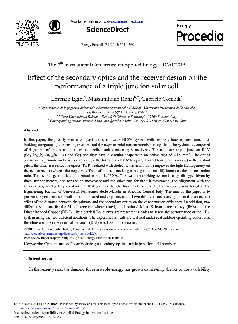 Effect of the Secondary Optics and the Receiver Design on the Performance of a Triple Junction Solar Cell 