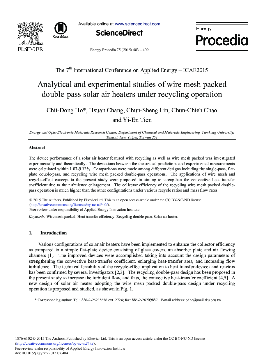Analytical and Experimental Studies of Wire Mesh Packed Double-pass Solar Air Heaters under Recycling Operation 